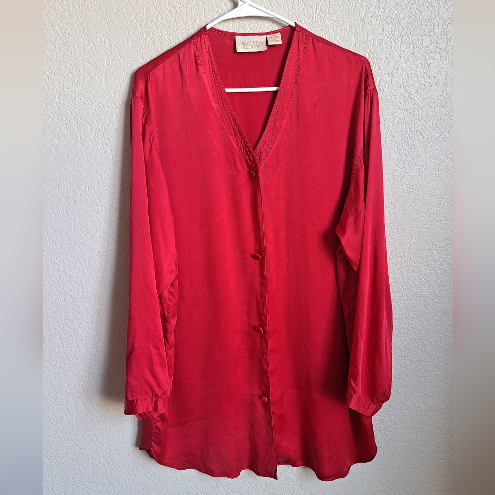 Victorias Secret Vintage Silk Red Longsleeve Button Front Slip Dress Size Large